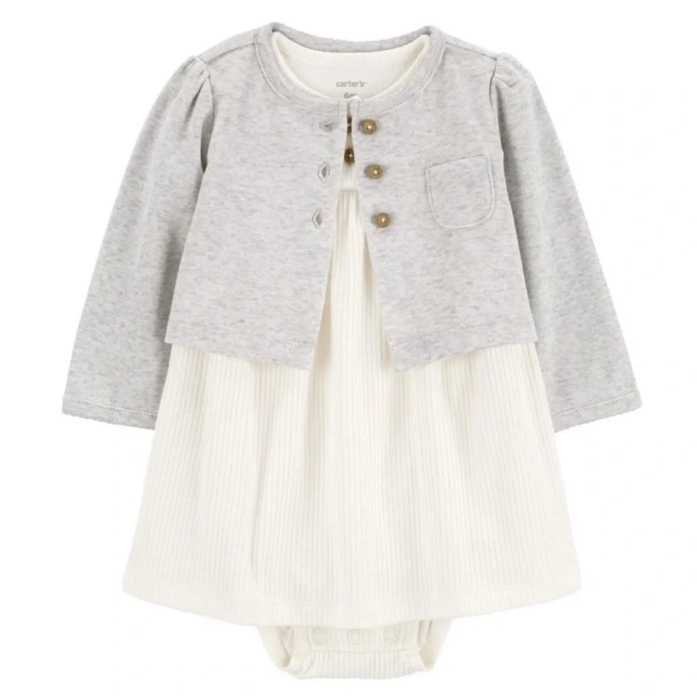 Ribbed Cream Dress and Gray Cardigan Set